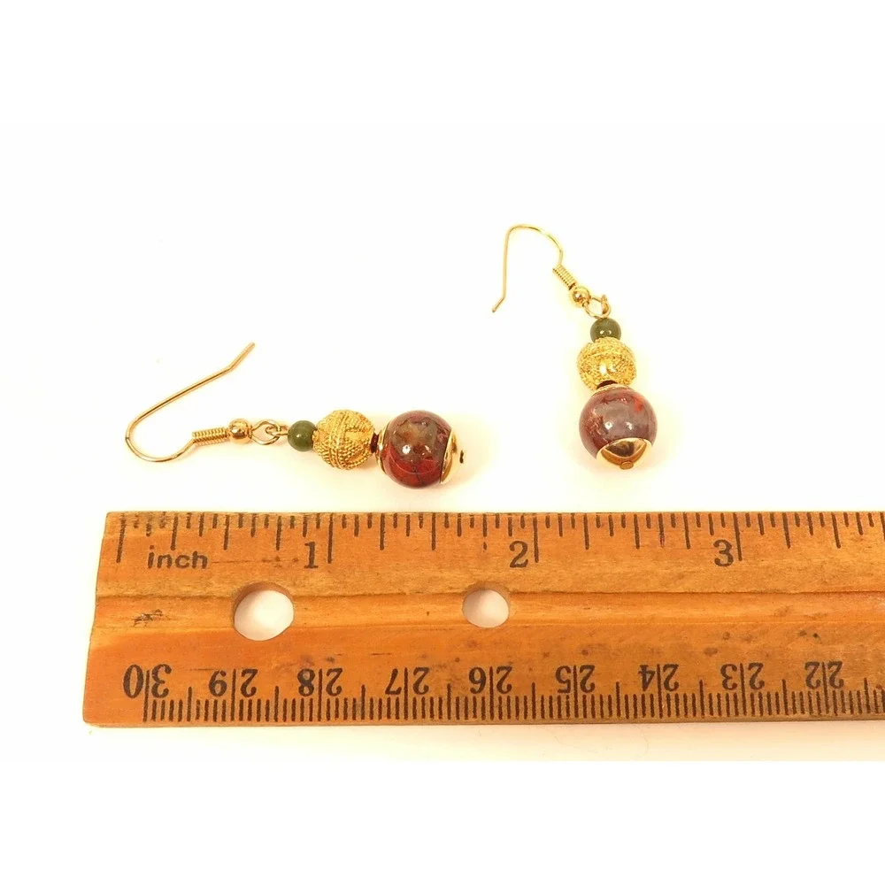Vintage Beautiful Red &‎ Green Jasper Gemstone Bead Gold Drop Earrings